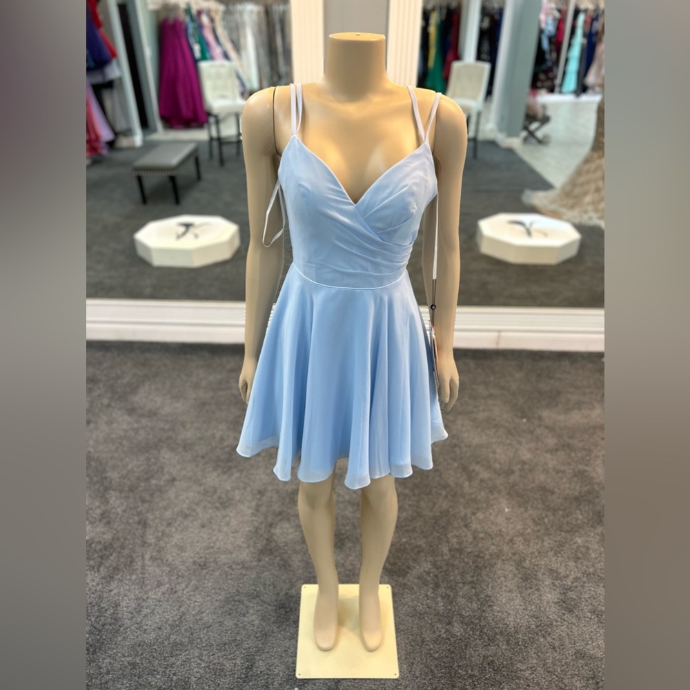 size 0. glacier blue. classic. ruffled sweetheart front
